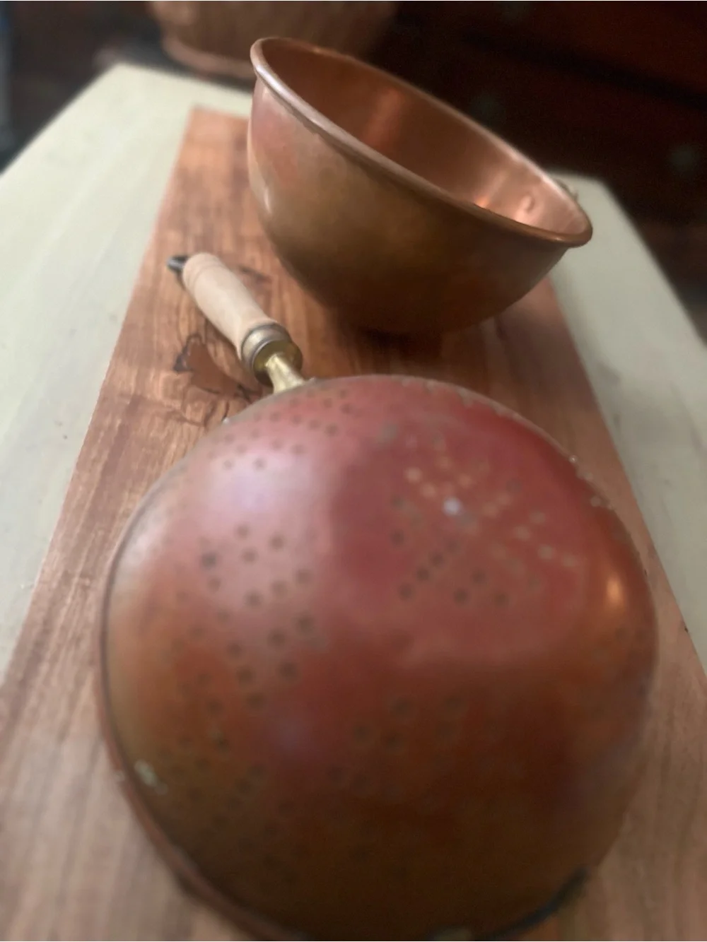 Vintage Copper-Tone Skimmer and Mixing Bowl Set with Wooden Handle